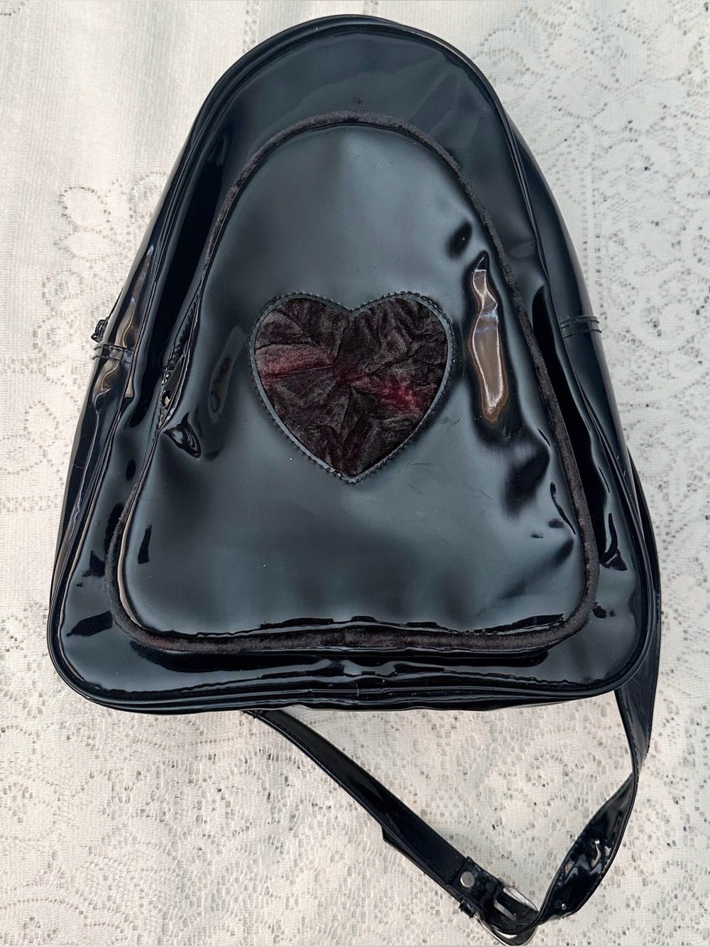 Y2K Whimsigoth Backpack Bag PVC Velvet Heart Sling Purse Black Vintage Goth